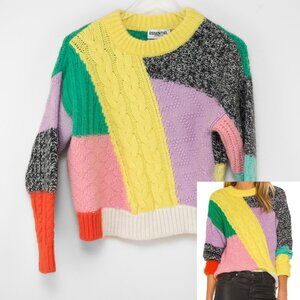 Essentiel Antwerp Zigmond Patchwork Sweater Multicolor Yellow Green Black Sz XS